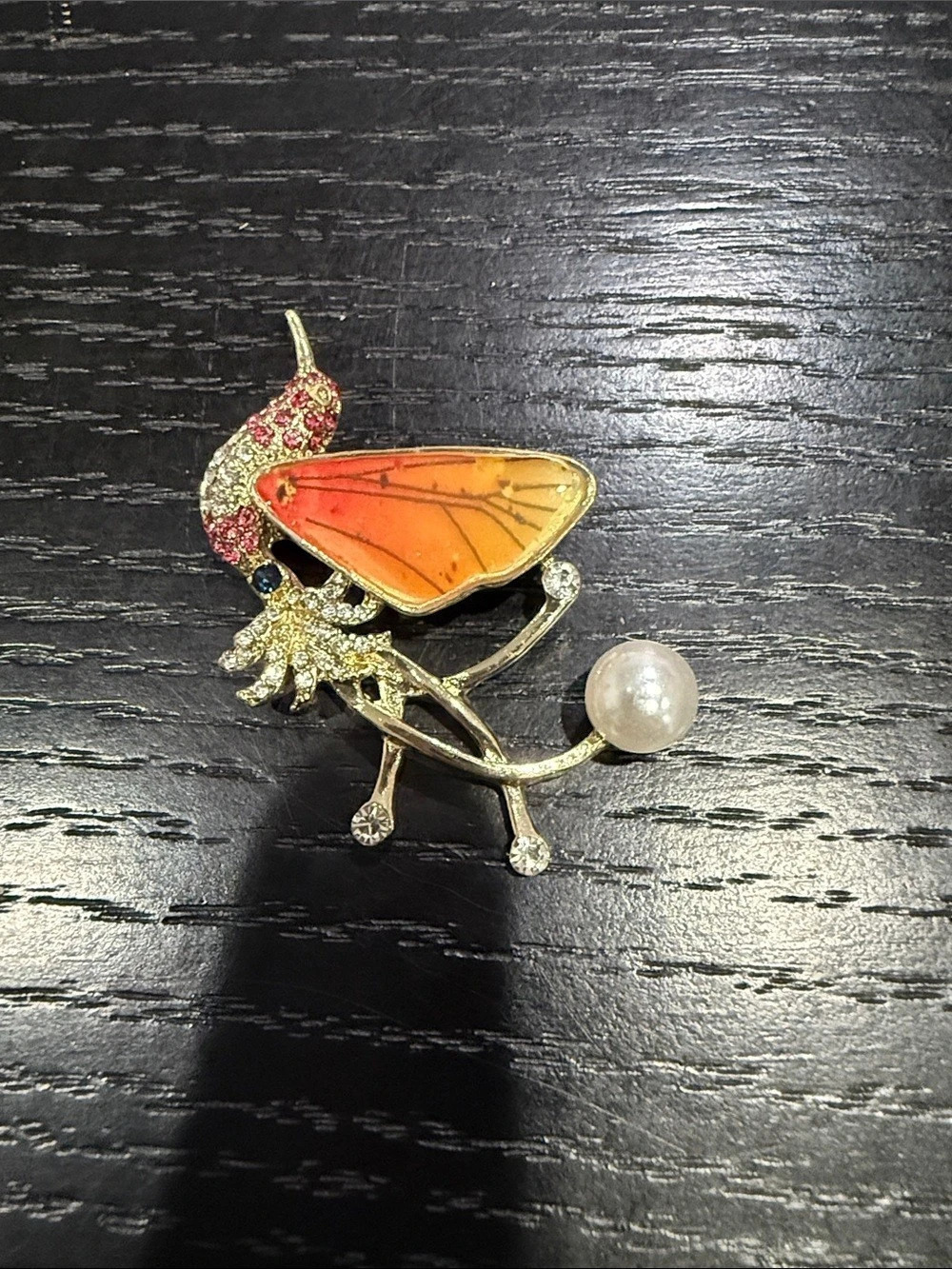 Bird Brooch in Gold & Orange Like New